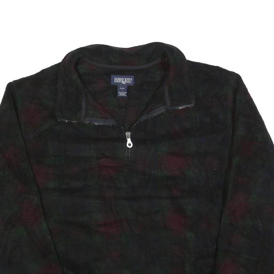 LANDS END Womens Black Green Red Patterned Jumper 1/4 Zip Polyester L Fleece