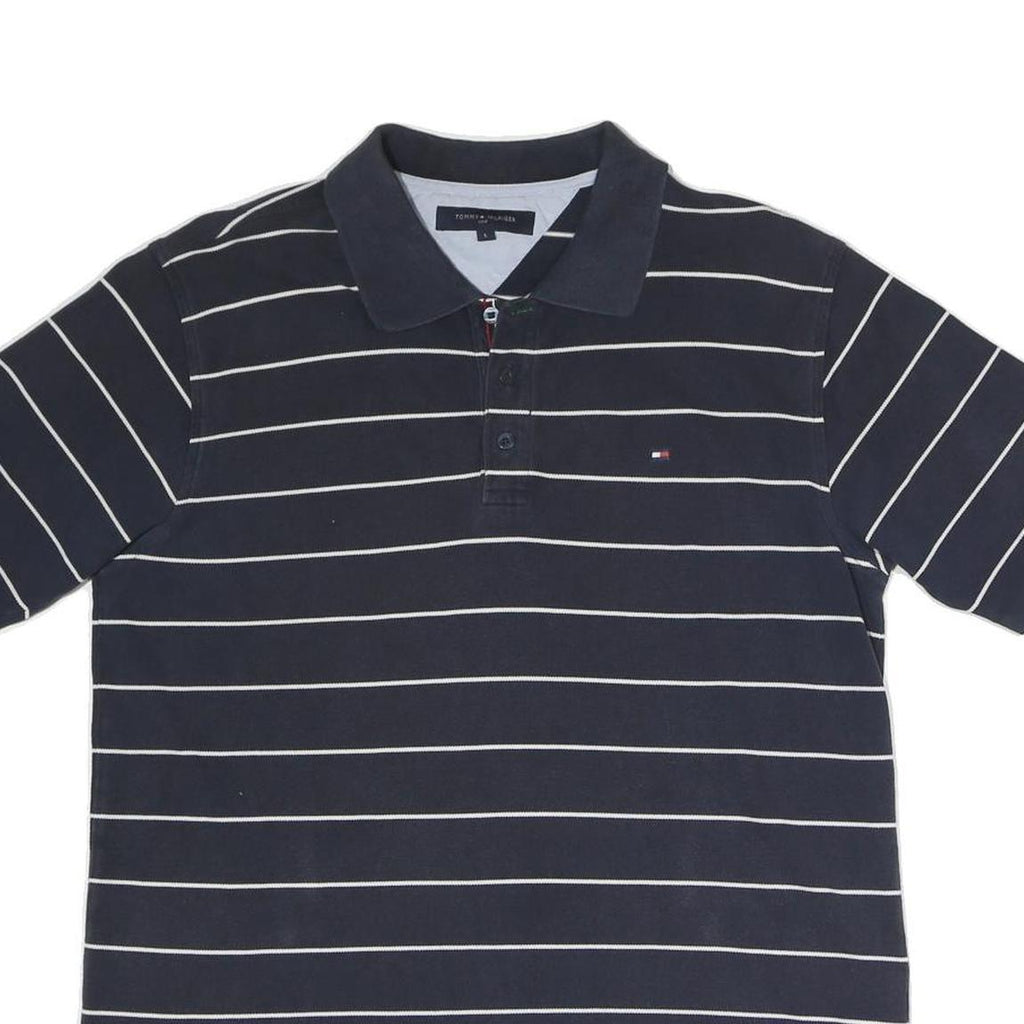 TOMMY HILFIGER Mens Navy Blue & White Striped Short Sleeve Polo Shirt L Classic