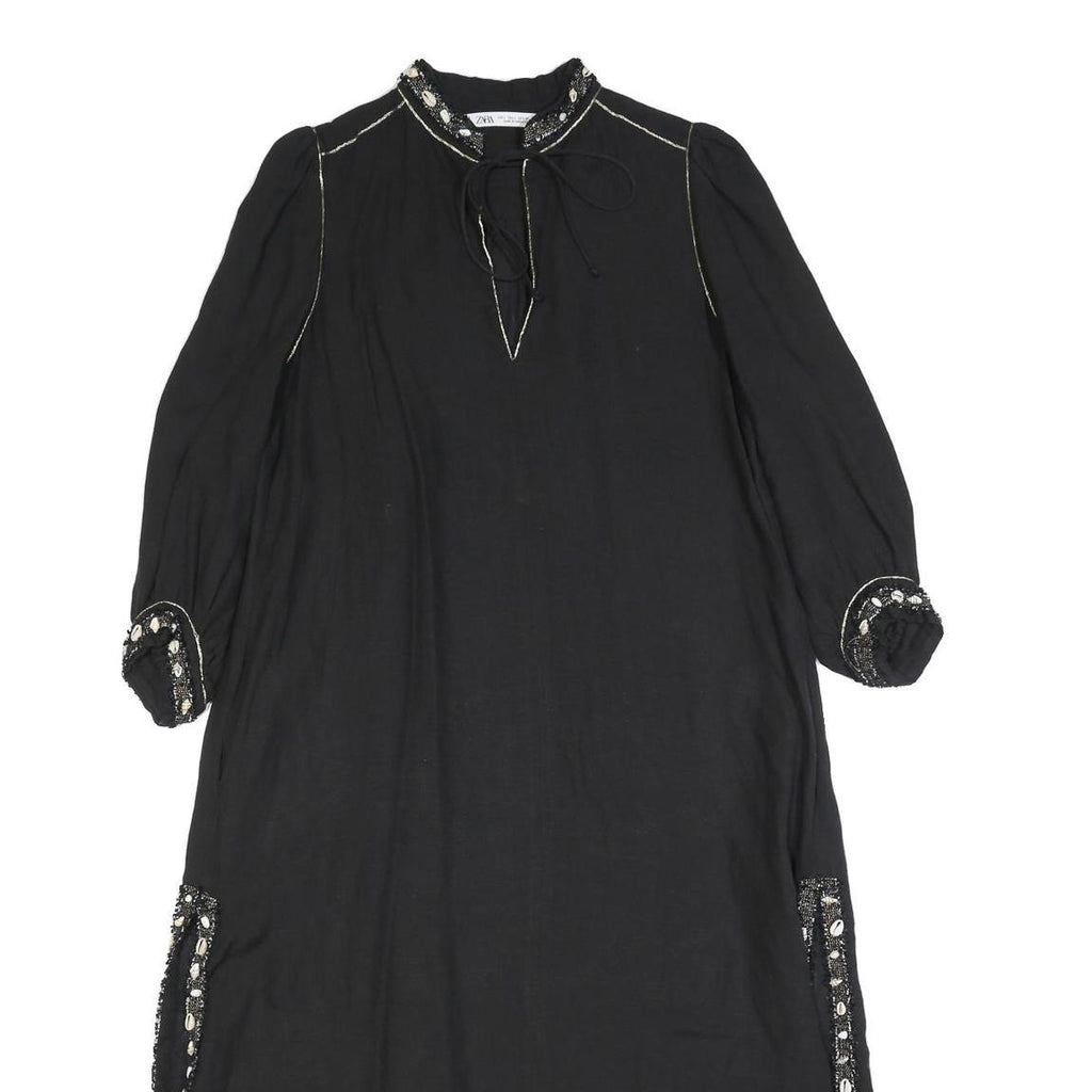 ZARA Womens Black Day Woven Plain 3/4 Sleeve Midi L Dress Embellished