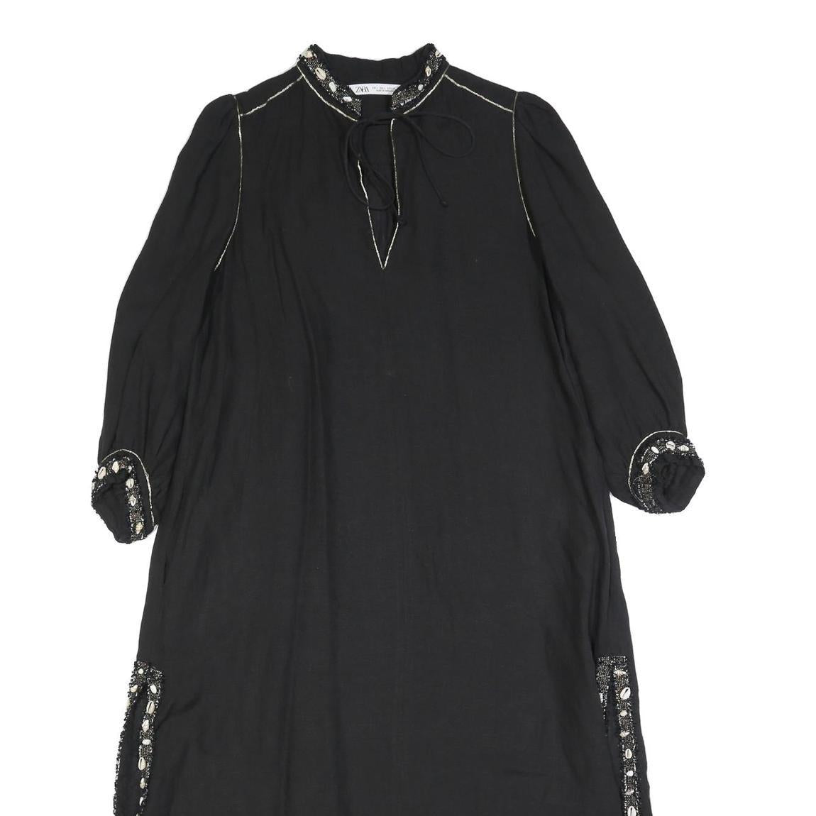 ZARA Womens Black Day Woven Plain 3/4 Sleeve Midi L Dress Embellished