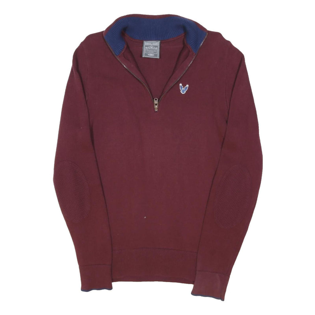 DIESEL Mens Burgundy & Blue Patterned Jumper V-Neck Cotton Blend M Zipper