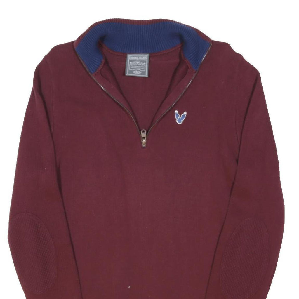 DIESEL Mens Burgundy & Blue Patterned Jumper V-Neck Cotton Blend M Zipper