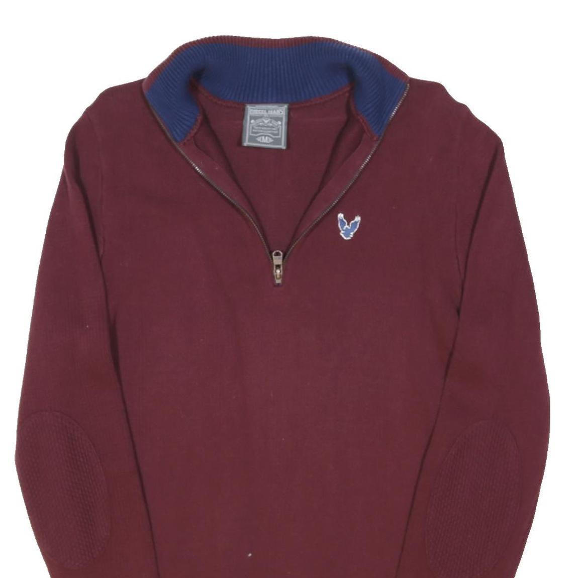 DIESEL Mens Burgundy & Blue Patterned Jumper V-Neck Cotton Blend M Zipper
