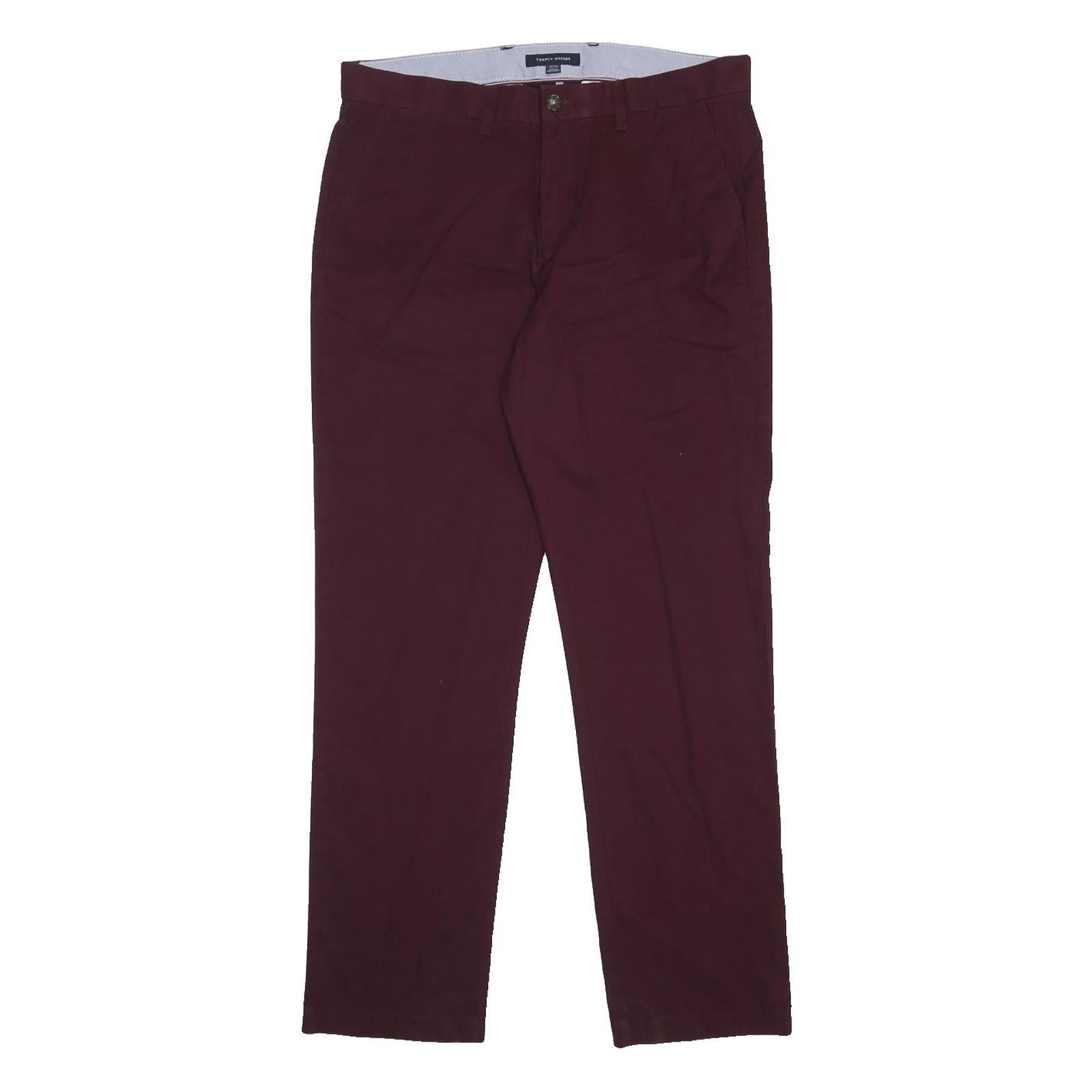 TOMMY HILFIGER Mens Cotton Burgundy Regular Fit Straight Trousers W34 L32