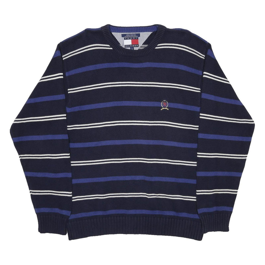 TOMMY HILFIGER Mens Blue & White Patterned Jumper Crew Neck Basic Knit L Striped