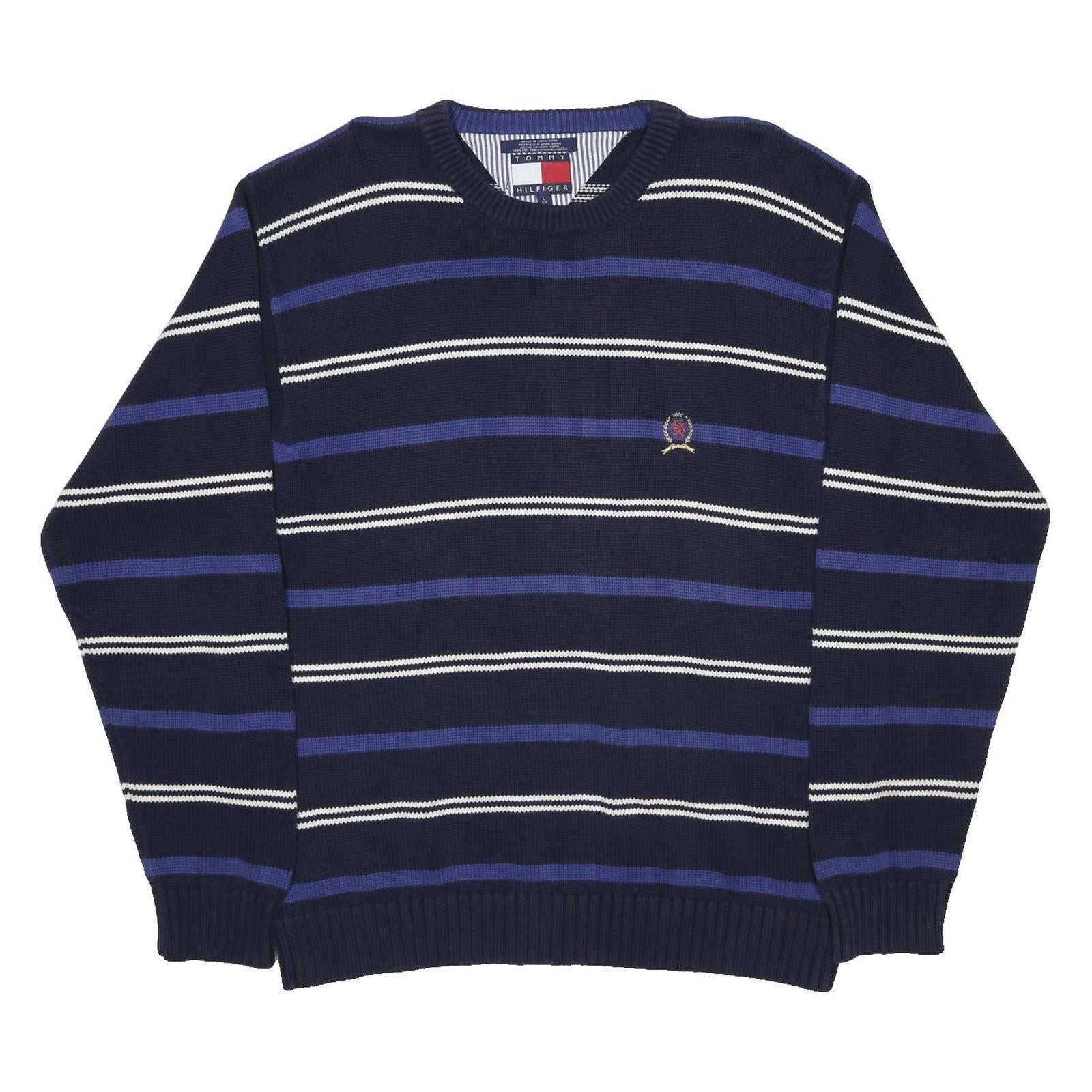 TOMMY HILFIGER Mens Blue & White Patterned Jumper Crew Neck Basic Knit L Striped