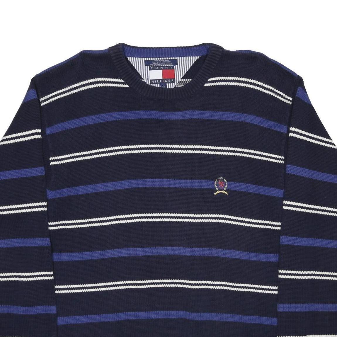 TOMMY HILFIGER Mens Blue & White Patterned Jumper Crew Neck Basic Knit L Striped