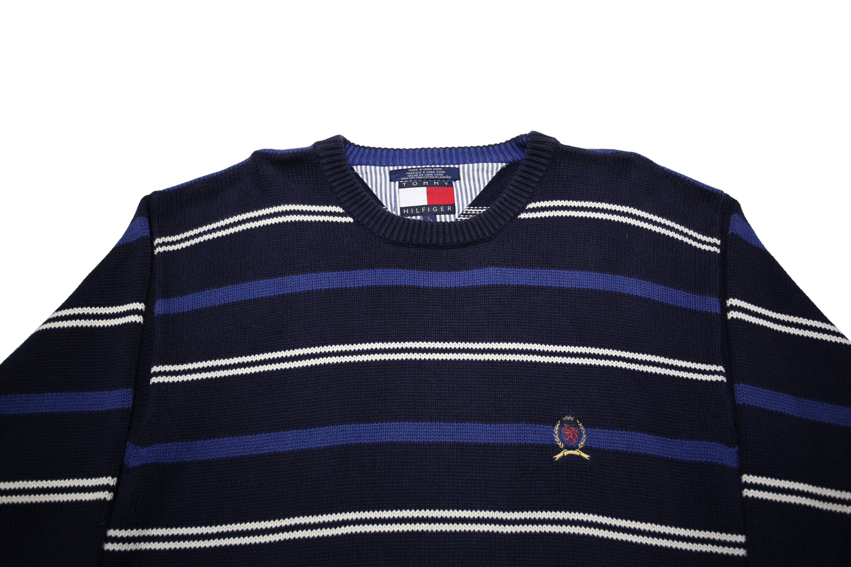 TOMMY HILFIGER Mens Blue & White Patterned Jumper Crew Neck Basic Knit L Striped
