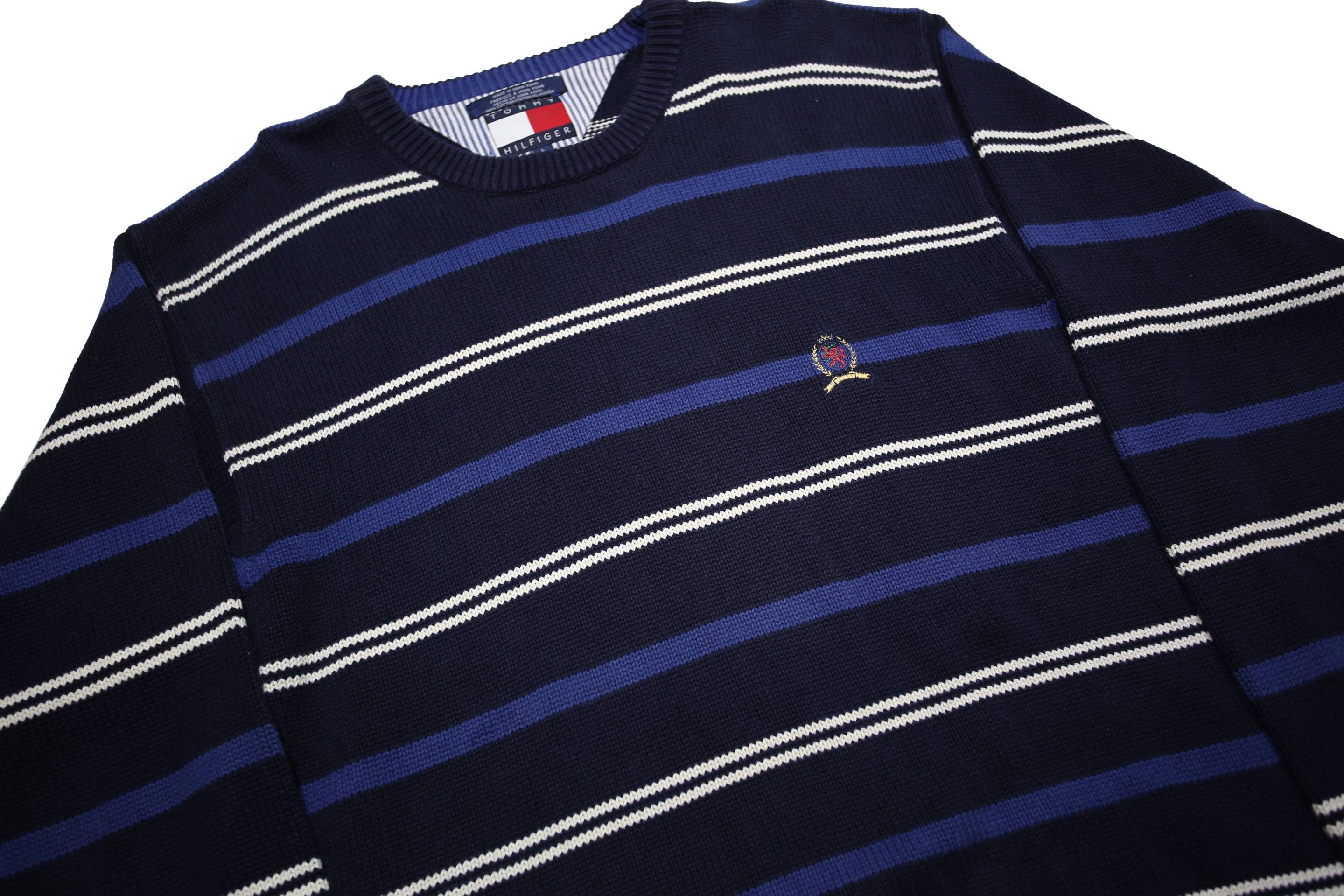 TOMMY HILFIGER Mens Blue & White Patterned Jumper Crew Neck Basic Knit L Striped