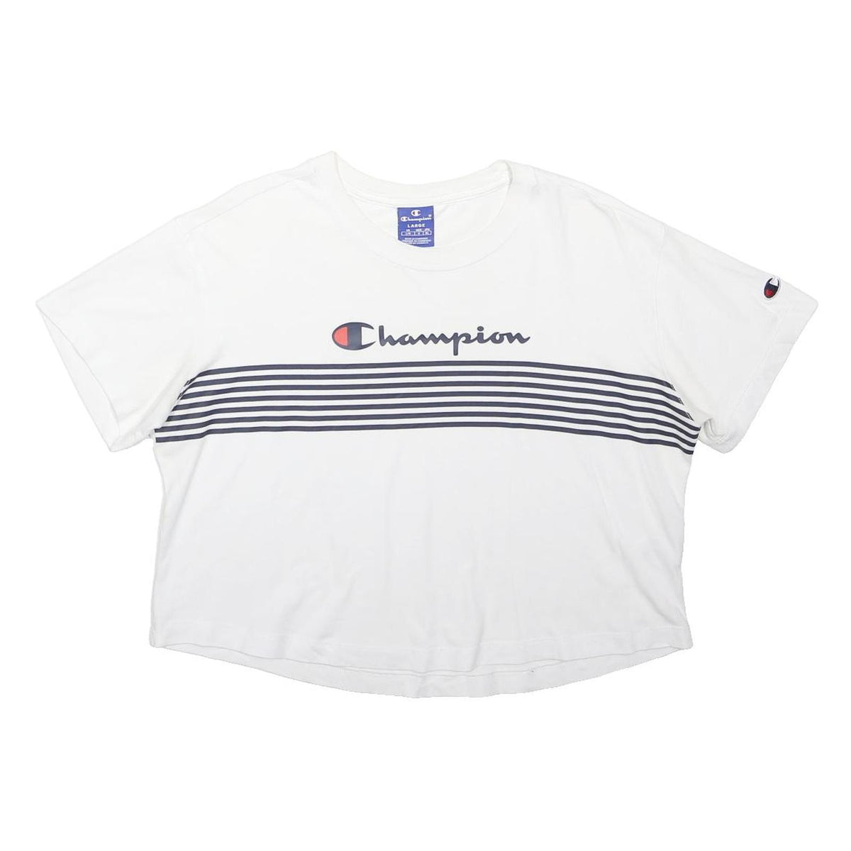 CHAMPION Womens White & Navy Graphic Crew Neck L Cotton Blend Casual Sweatshirt