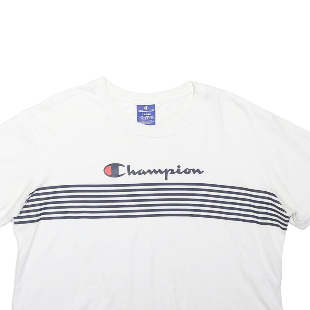 CHAMPION Womens White & Navy Graphic Crew Neck L Cotton Blend Casual Sweatshirt