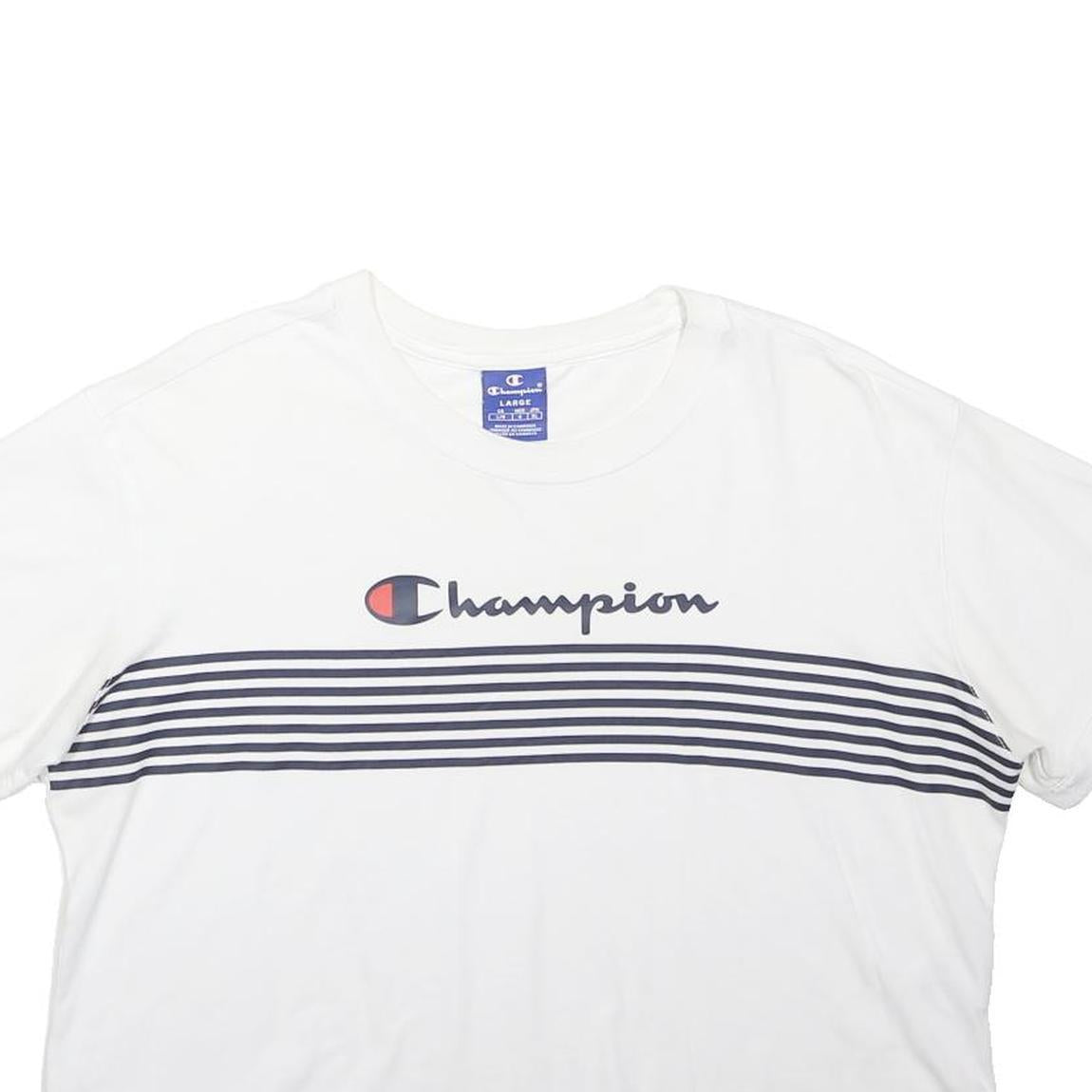 CHAMPION Womens White & Navy Graphic Crew Neck L Cotton Blend Casual Sweatshirt
