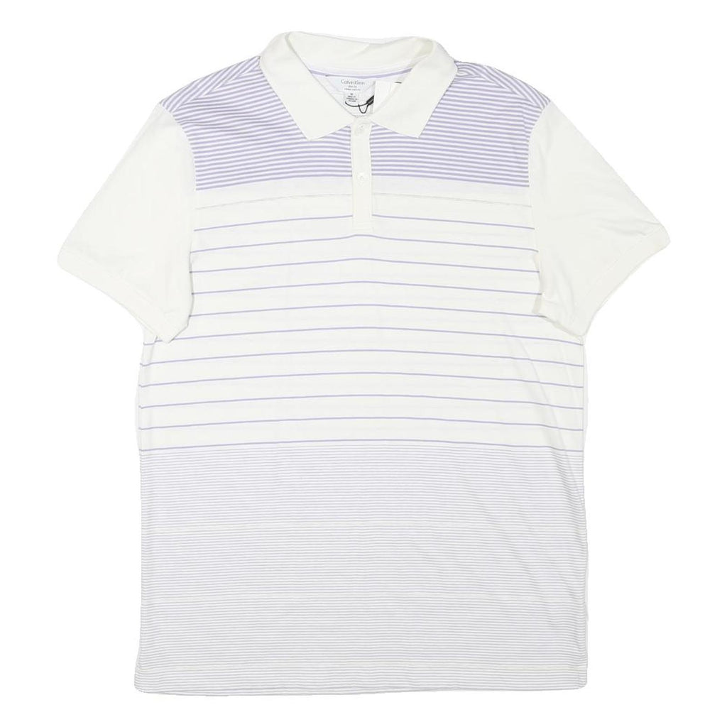 CALVIN KLEIN Mens White & Lilac Striped Polo Shirt M Cotton Blend Short Sleeve
