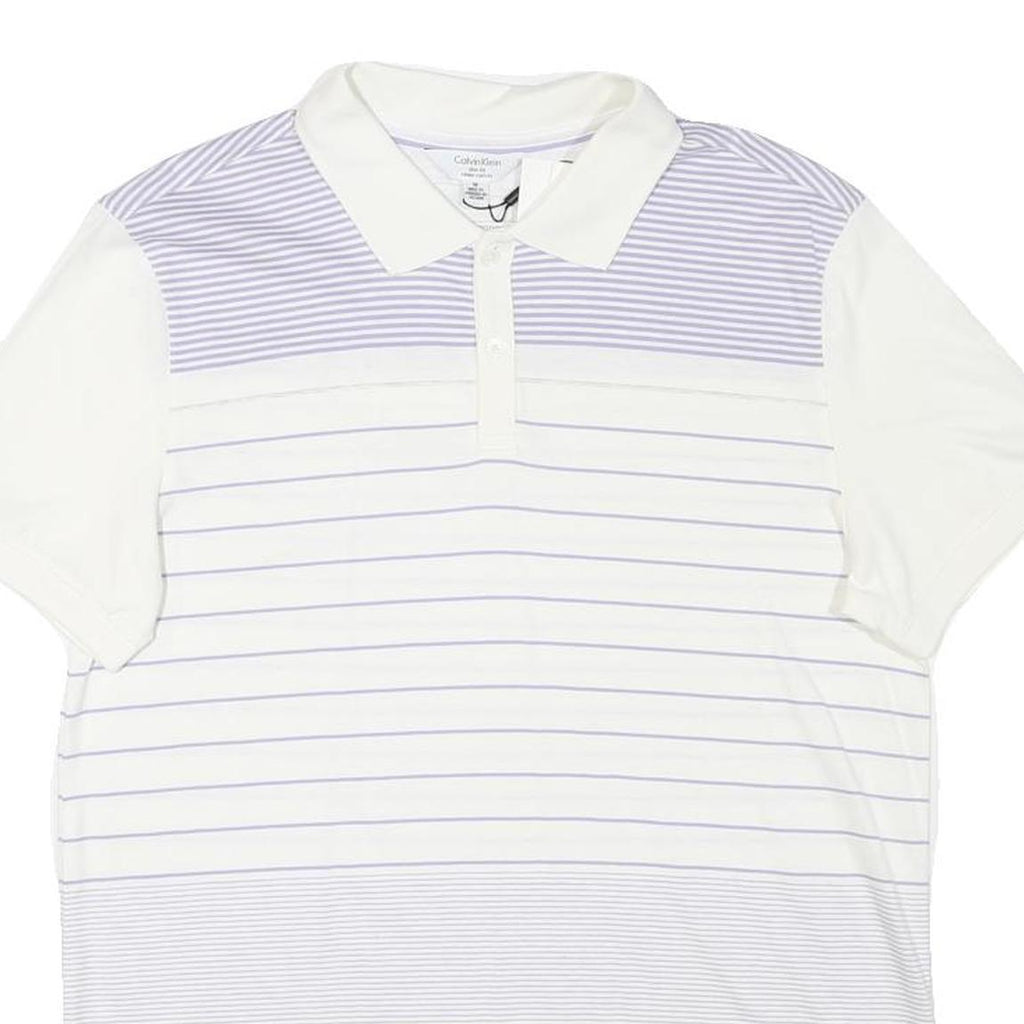 CALVIN KLEIN Mens White & Lilac Striped Polo Shirt M Cotton Blend Short Sleeve