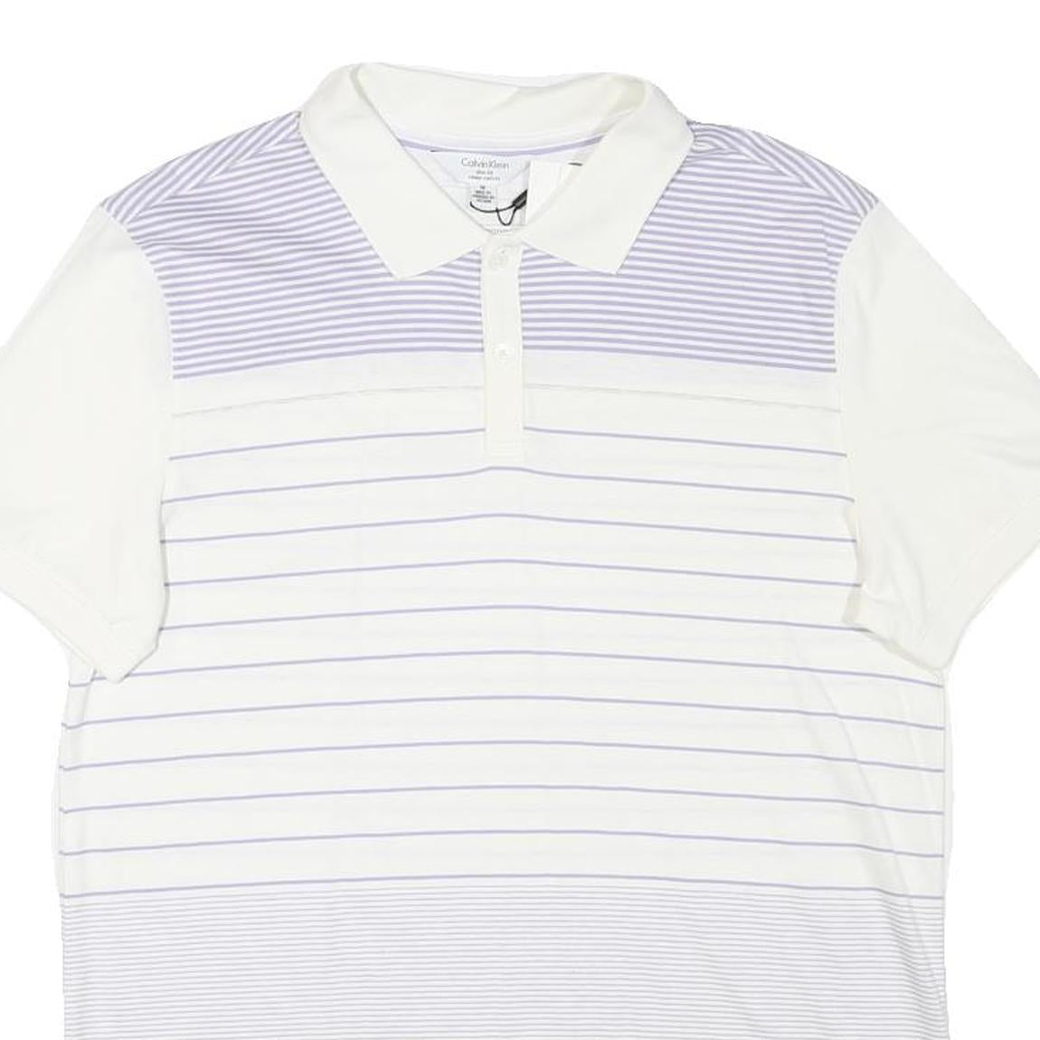 CALVIN KLEIN Mens White & Lilac Striped Polo Shirt M Cotton Blend Short Sleeve