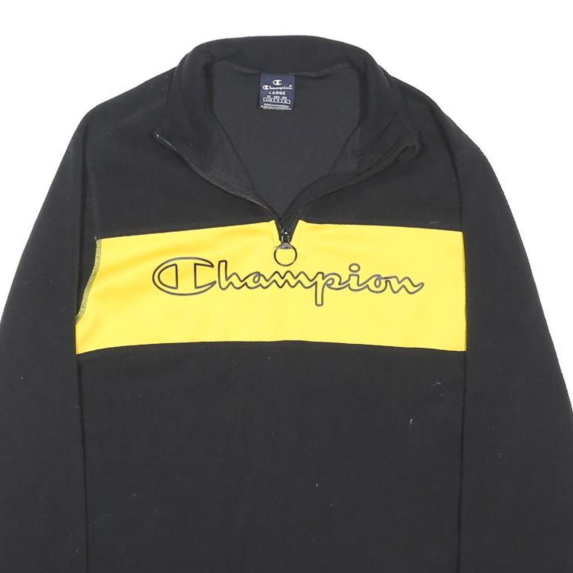 CHAMPION Mens Black & Yellow Patterned Pullover Jumper 1/4 Zip Polyester Blend L