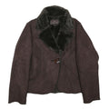 M&S Womens Brown Faux Fur Trim Button Jacket L Cotton Blend Stylish Warm