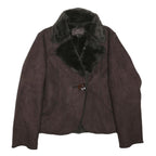 M&S Womens Brown Faux Fur Trim Button Jacket L Cotton Blend Stylish Warm