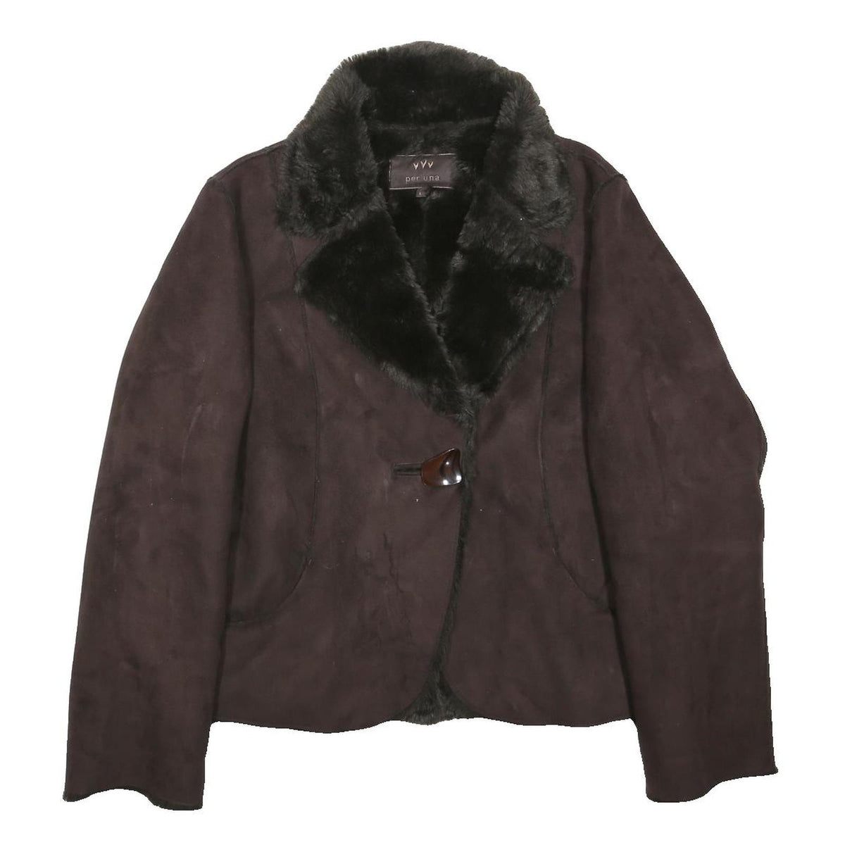 M&S Womens Brown Faux Fur Trim Button Jacket L Cotton Blend Stylish Warm