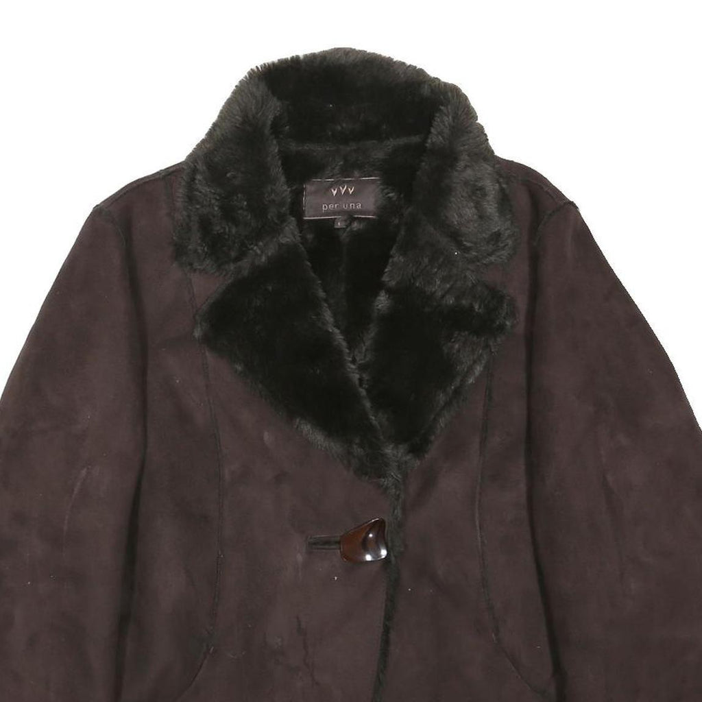 M&S Womens Brown Faux Fur Trim Button Jacket L Cotton Blend Stylish Warm