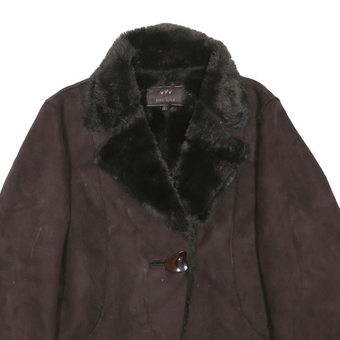 M&S Womens Brown Faux Fur Trim Button Jacket L Cotton Blend Stylish Warm