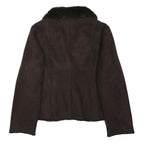 M&S Womens Brown Faux Fur Trim Button Jacket L Cotton Blend Stylish Warm