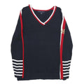 TOMMY HILFIGER Womens Navy Blue Red & White Patterned Cotton Jumper V-Neck Rib