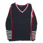 TOMMY HILFIGER Womens Navy Blue Red & White Patterned Cotton Jumper V-Neck Rib