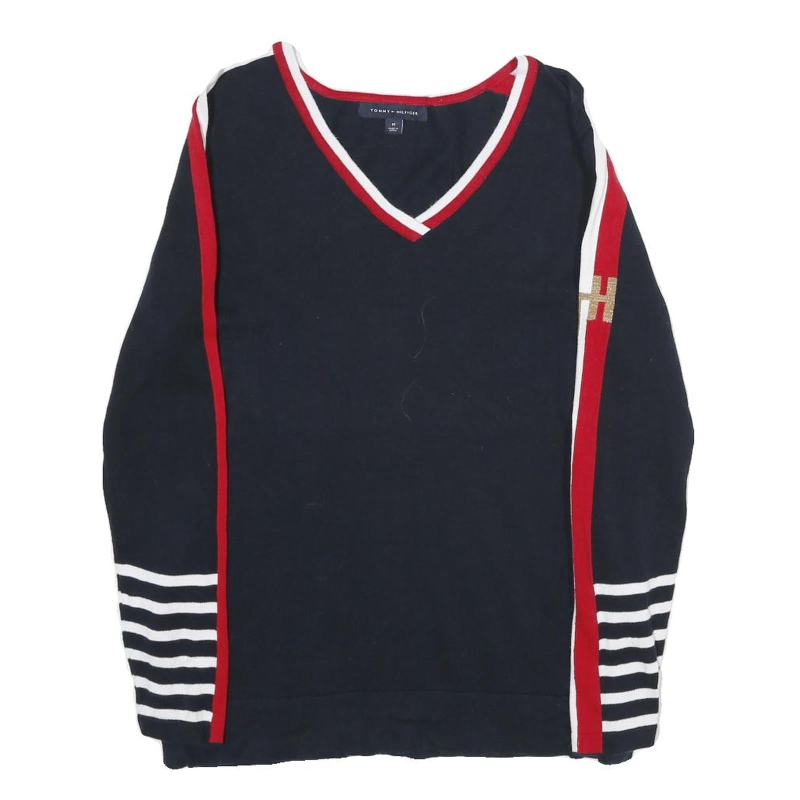 TOMMY HILFIGER Womens Navy Blue Red & White Patterned Cotton Jumper V-Neck Rib