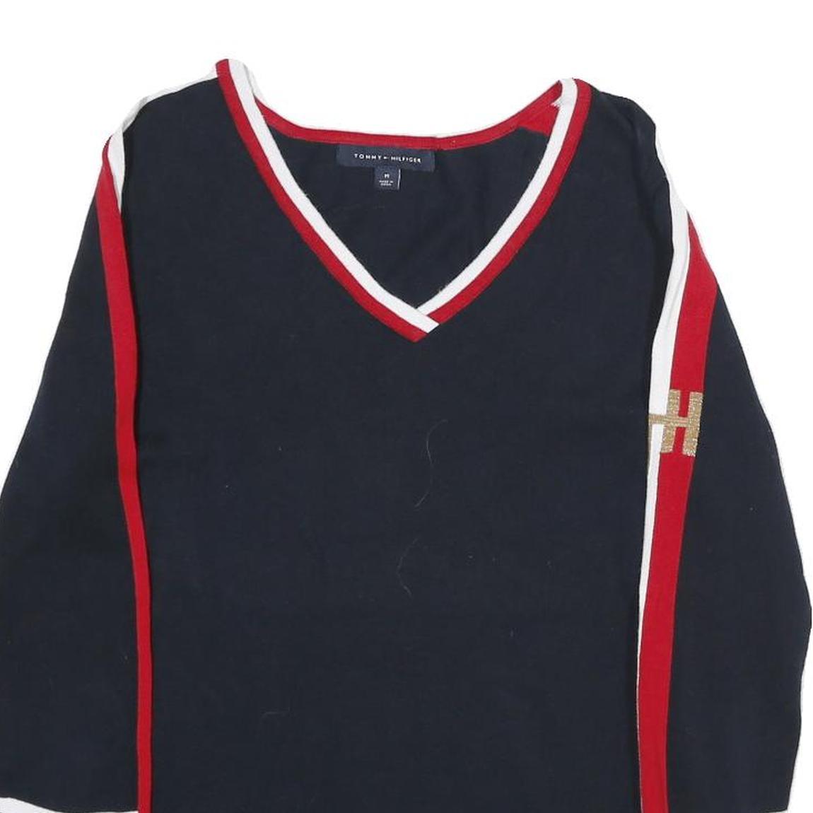 TOMMY HILFIGER Womens Navy Blue Red & White Patterned Cotton Jumper V-Neck Rib