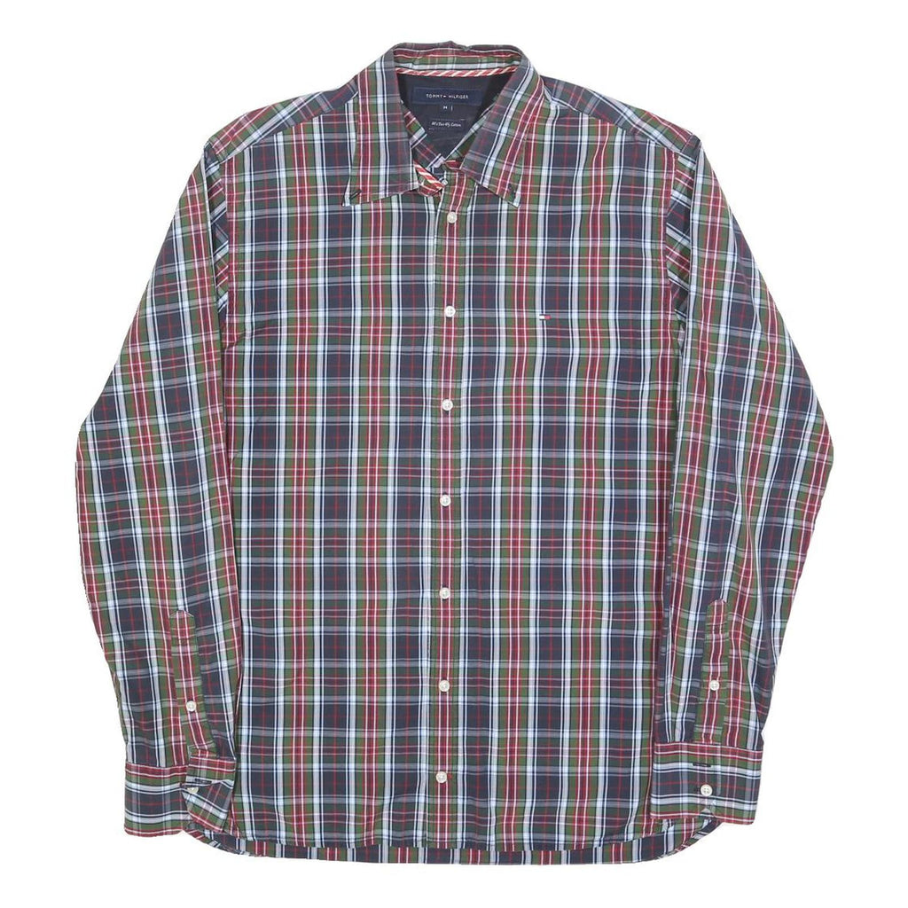 TOMMY HILFIGER Mens Green & Red Check Shirt M Cotton Blend Classic Fit Long