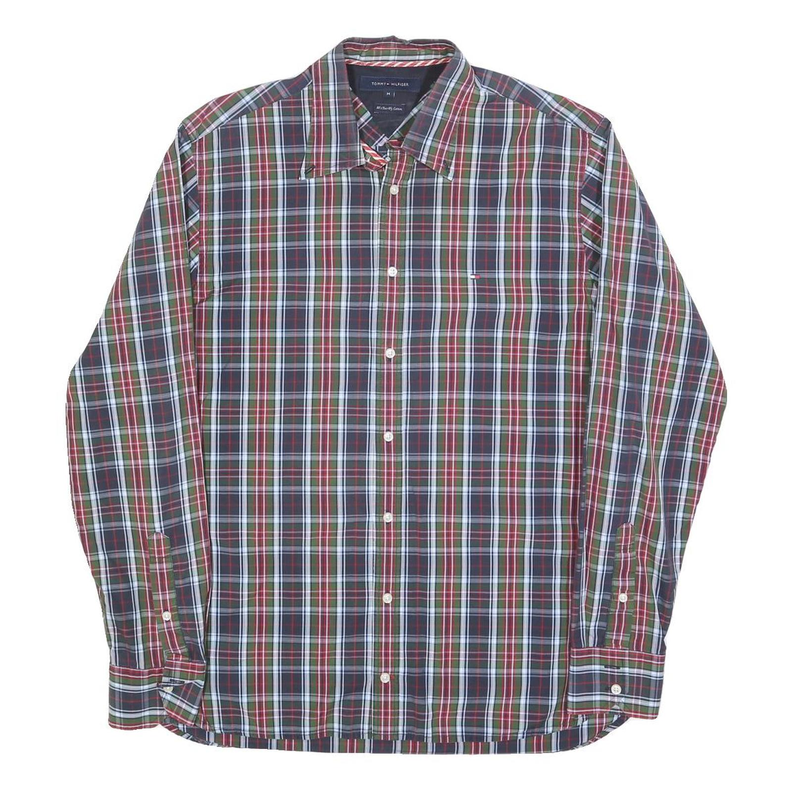 TOMMY HILFIGER Mens Green & Red Check Shirt M Cotton Blend Classic Fit Long