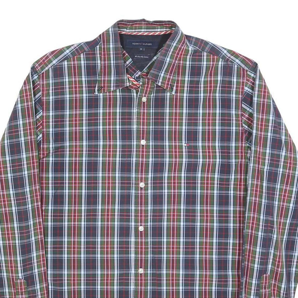 TOMMY HILFIGER Mens Green & Red Check Shirt M Cotton Blend Classic Fit Long