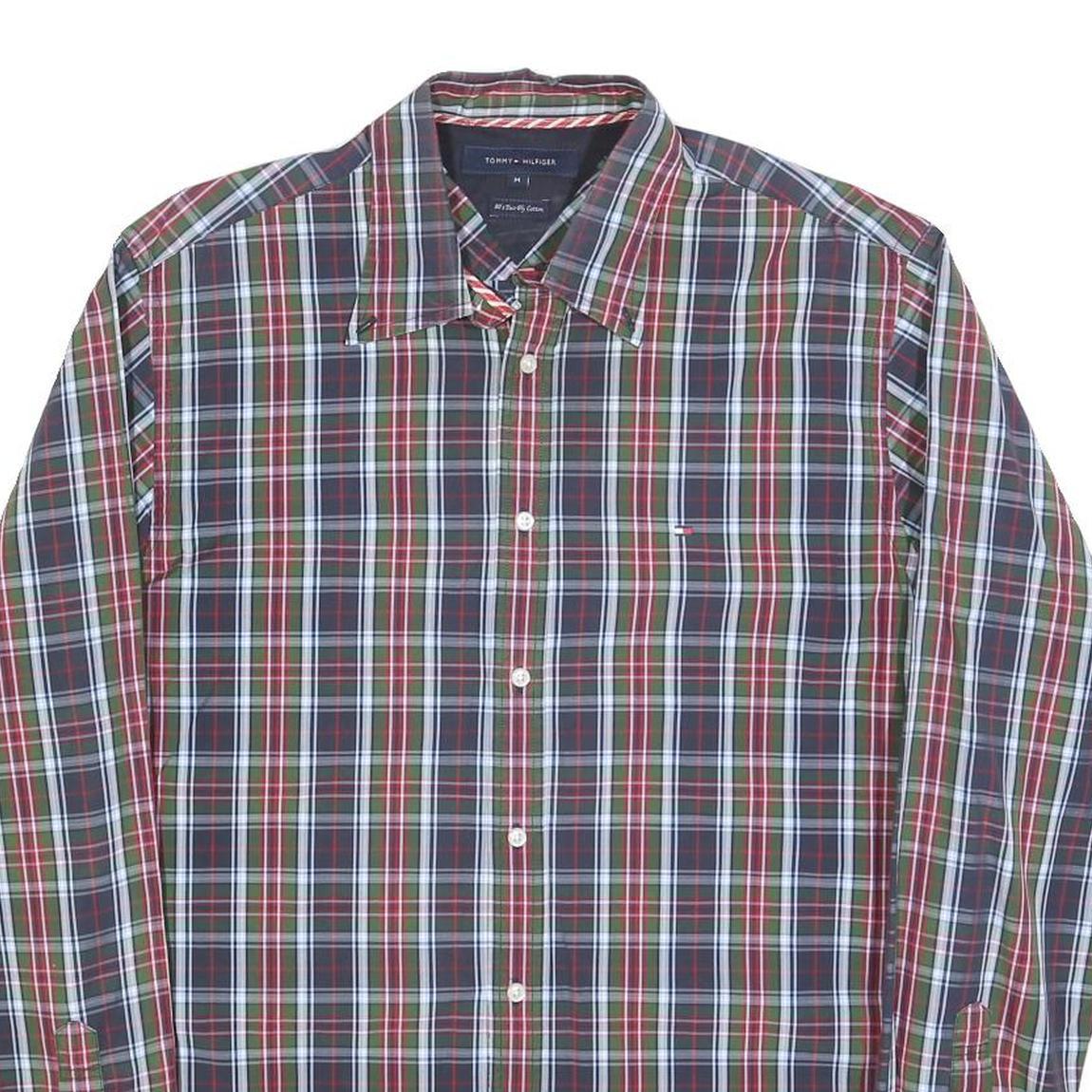 TOMMY HILFIGER Mens Green & Red Check Shirt M Cotton Blend Classic Fit Long