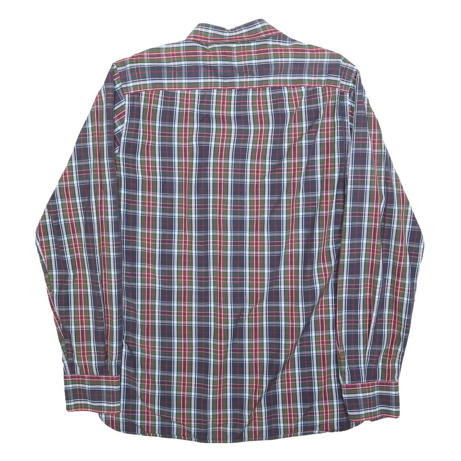 TOMMY HILFIGER Mens Green & Red Check Shirt M Cotton Blend Classic Fit Long
