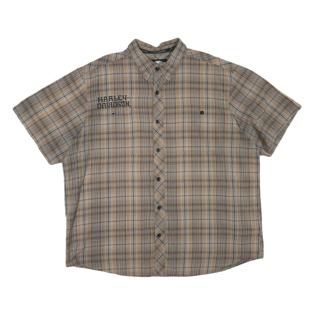 HARLEY DAVIDSON Mens Beige Plaid Cotton Blend Shirt 2XL Short Sleeve Button