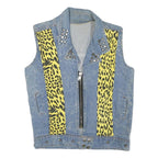 Womens Blue & Yellow Denim Animal Print Zip Jacket XS Cotton Blend Sleeveless