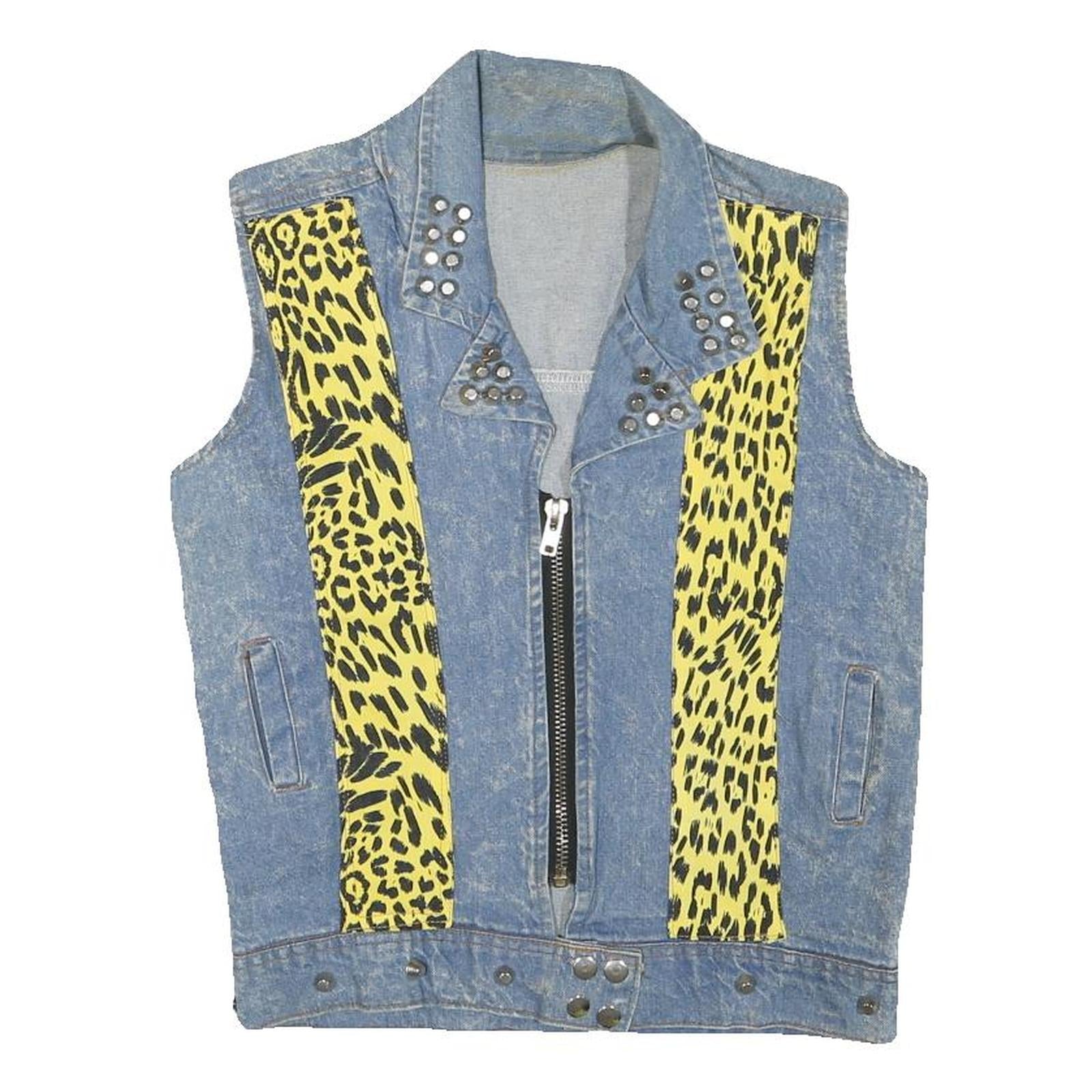 Womens Blue & Yellow Denim Animal Print Zip Jacket XS Cotton Blend Sleeveless