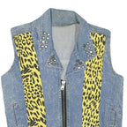 Womens Blue & Yellow Denim Animal Print Zip Jacket XS Cotton Blend Sleeveless