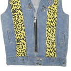 Womens Blue & Yellow Denim Animal Print Zip Jacket XS Cotton Blend Sleeveless