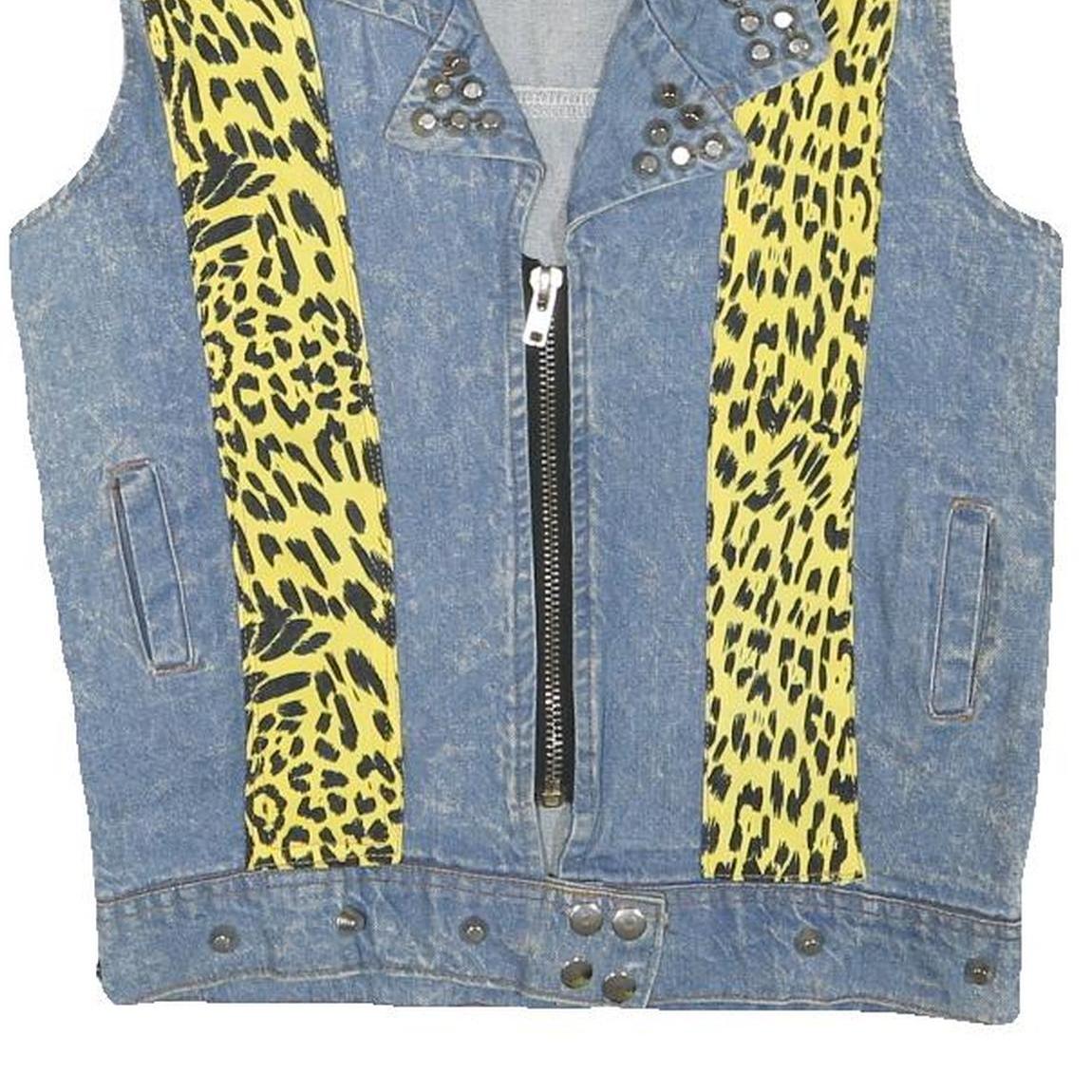 Womens Blue & Yellow Denim Animal Print Zip Jacket XS Cotton Blend Sleeveless