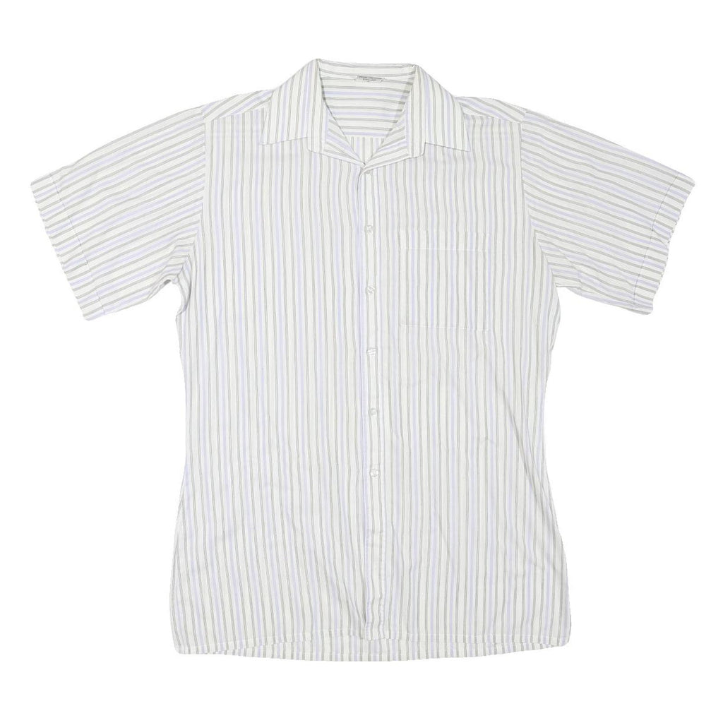 Mens White Blue & Beige Stripe Cotton Blend Shirt M Casual Smart Summer