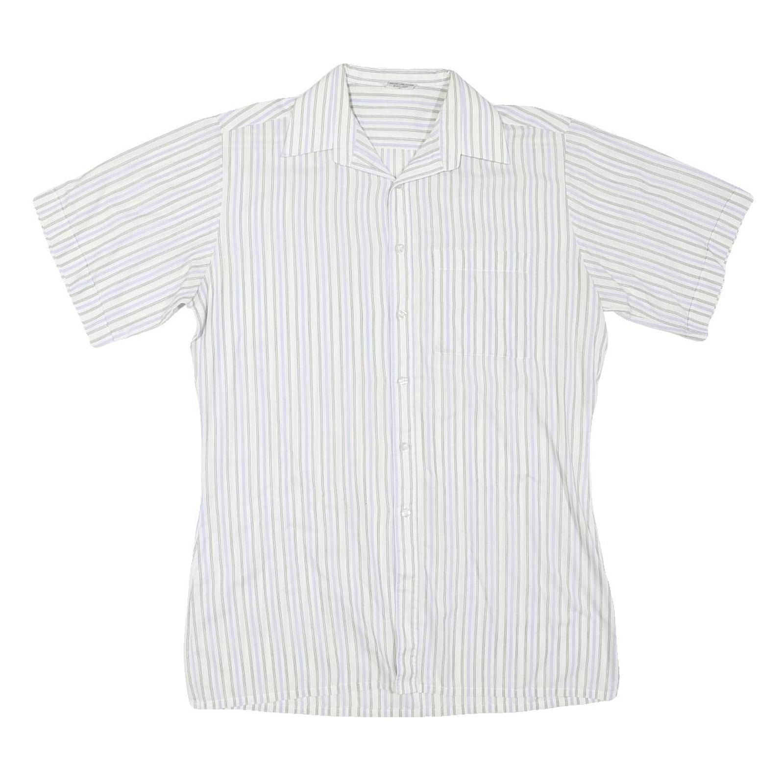 Mens White Blue & Beige Stripe Cotton Blend Shirt M Casual Smart Summer