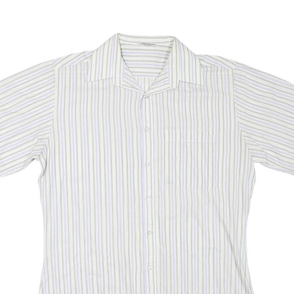 Mens White Blue & Beige Stripe Cotton Blend Shirt M Casual Smart Summer