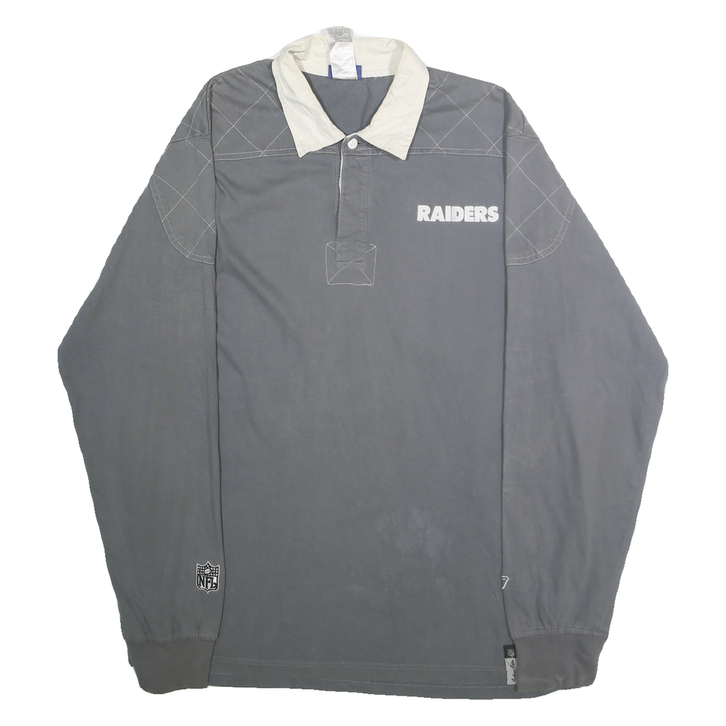 REEBOK Mens Grey White Raiders Long Sleeve Plain XL Cotton Sports Polo Shirt