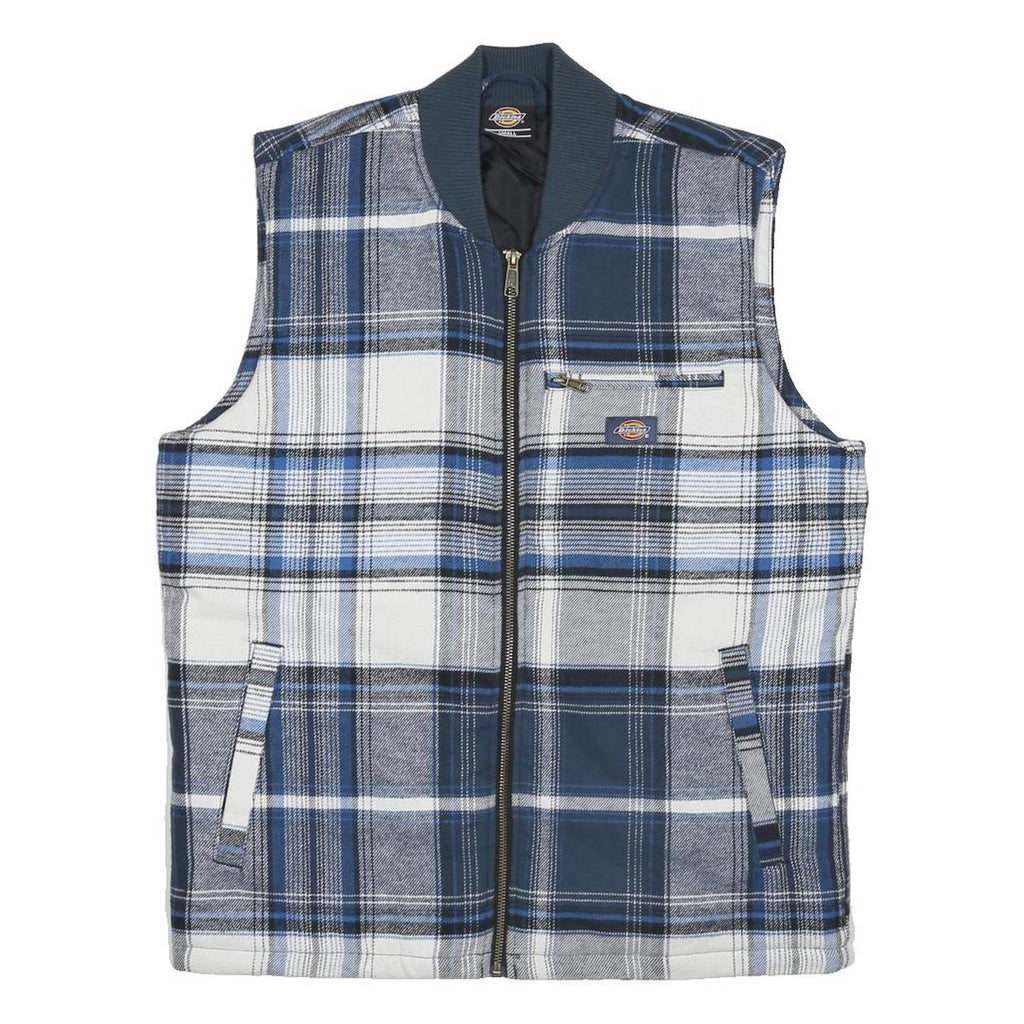 DICKIES Mens Blue & Grey Check Cotton Workwear Zip Jacket S Sleeveless Stand-Up