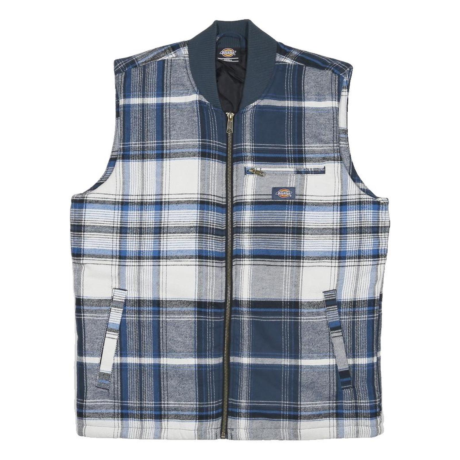 DICKIES Mens Blue & Grey Check Cotton Workwear Zip Jacket S Sleeveless Stand-Up