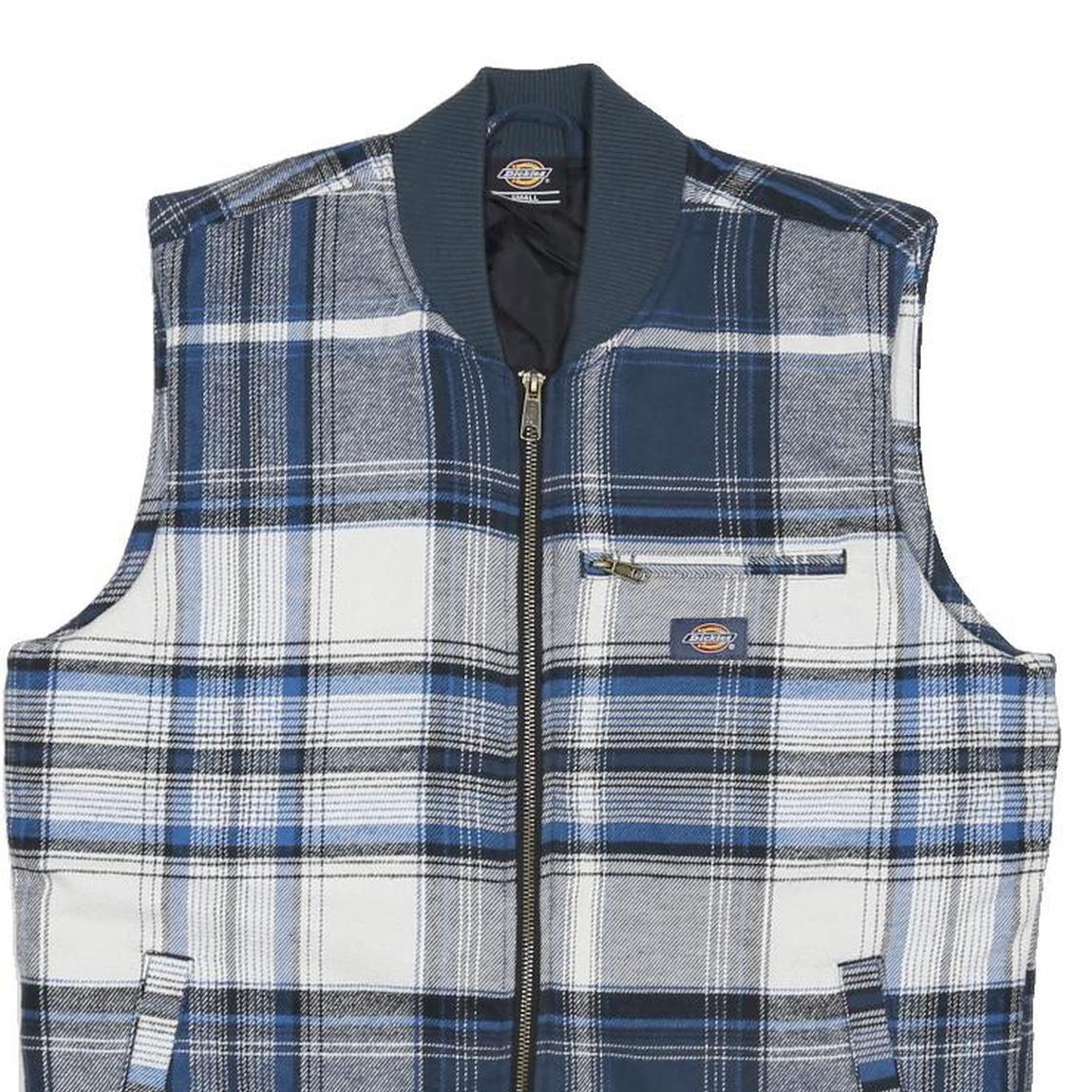 DICKIES Mens Blue & Grey Check Cotton Workwear Zip Jacket S Sleeveless Stand-Up