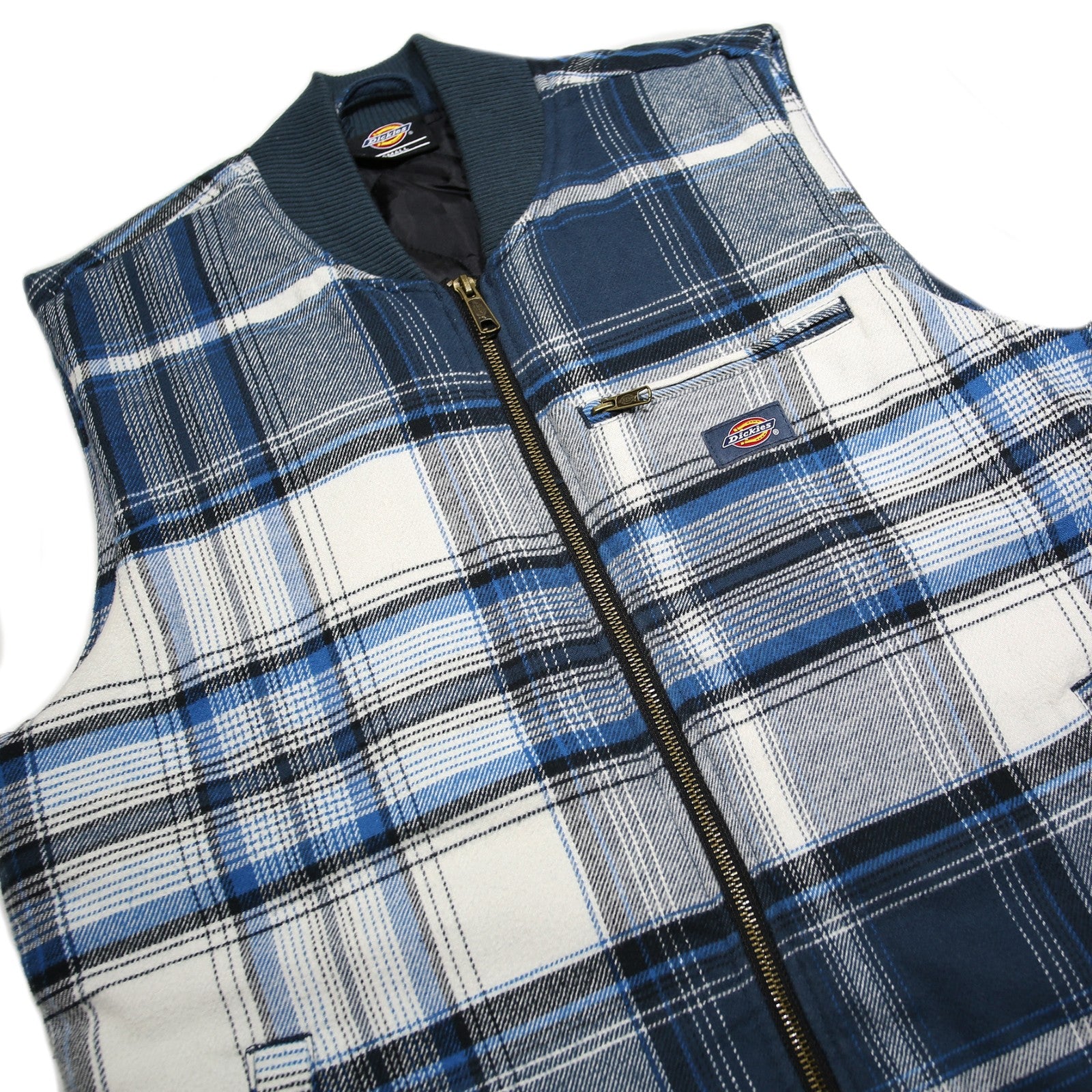 DICKIES Mens Blue & Grey Check Cotton Workwear Zip Jacket S Sleeveless Stand-Up