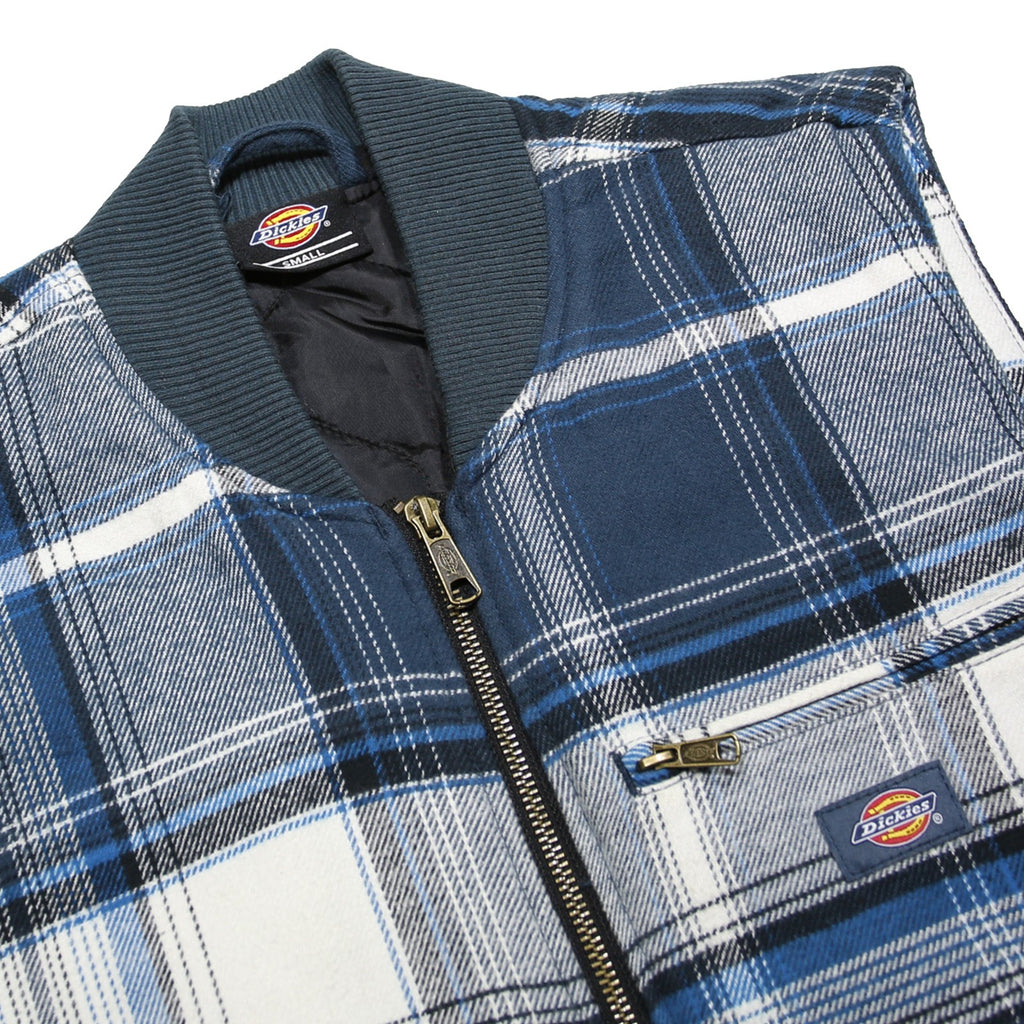DICKIES Mens Blue & Grey Check Cotton Workwear Zip Jacket S Sleeveless Stand-Up